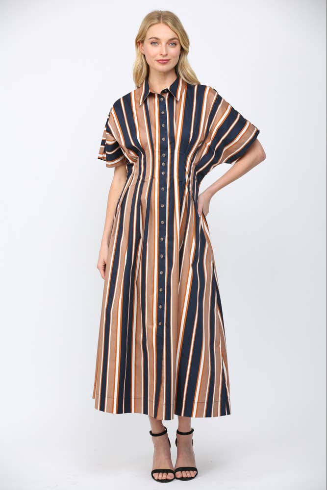 STRIPE PRINT CINCHED WAIST DOLMAN SLV SHIRT DRESS FD35727