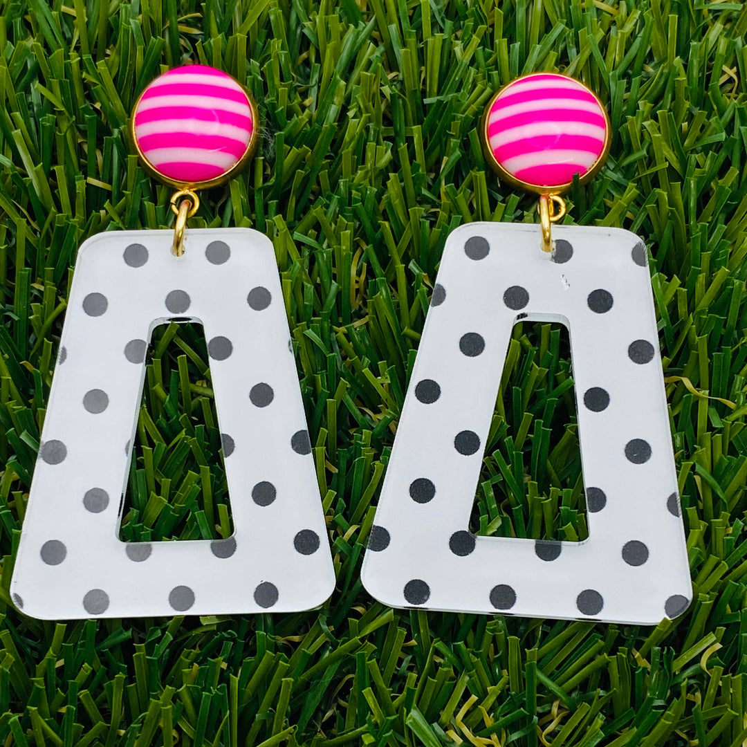 Fun Polka Dots With Pink and White Stripe Button Earrings