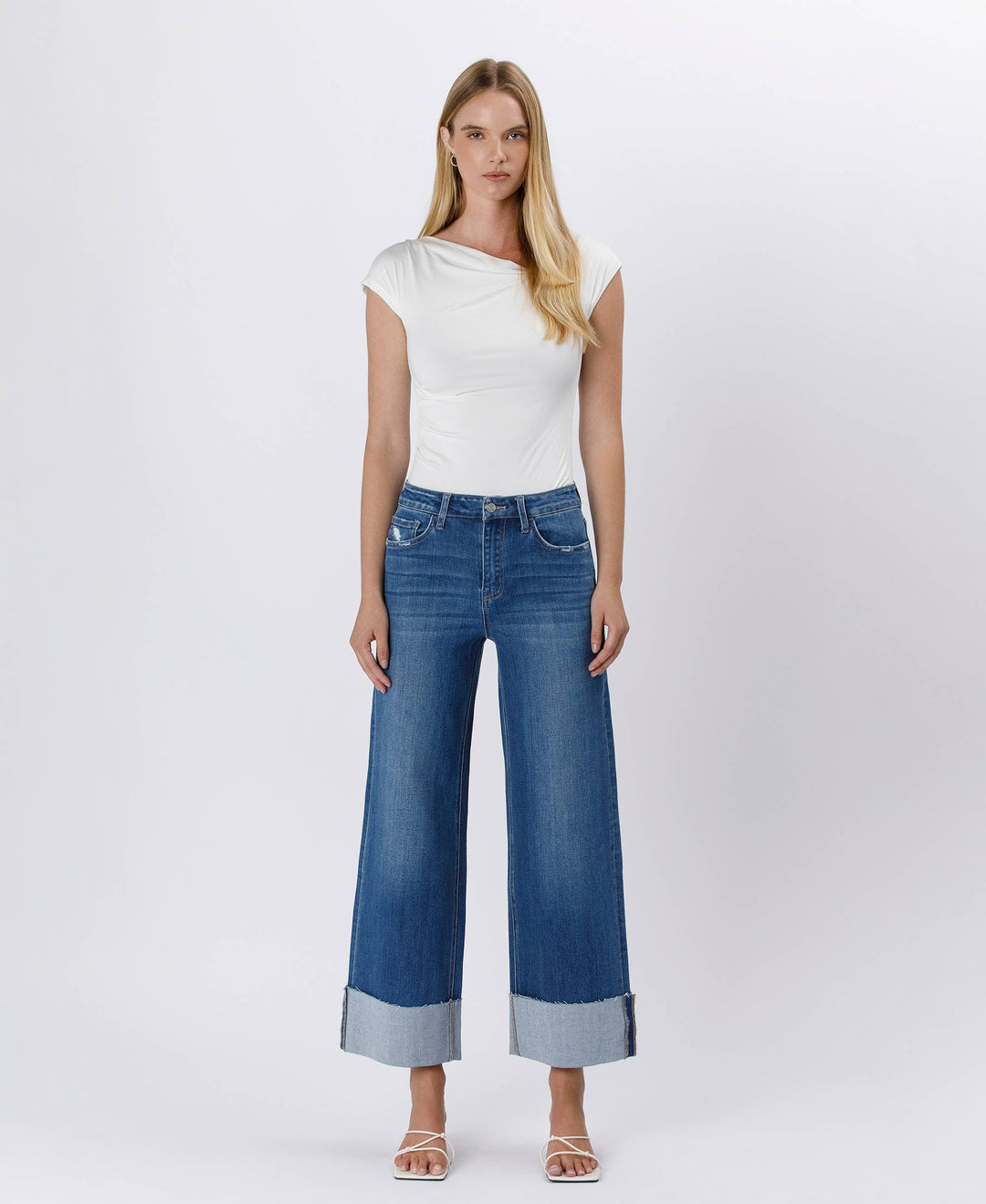 High Rise Cuffed Ankle Wide Leg Jean