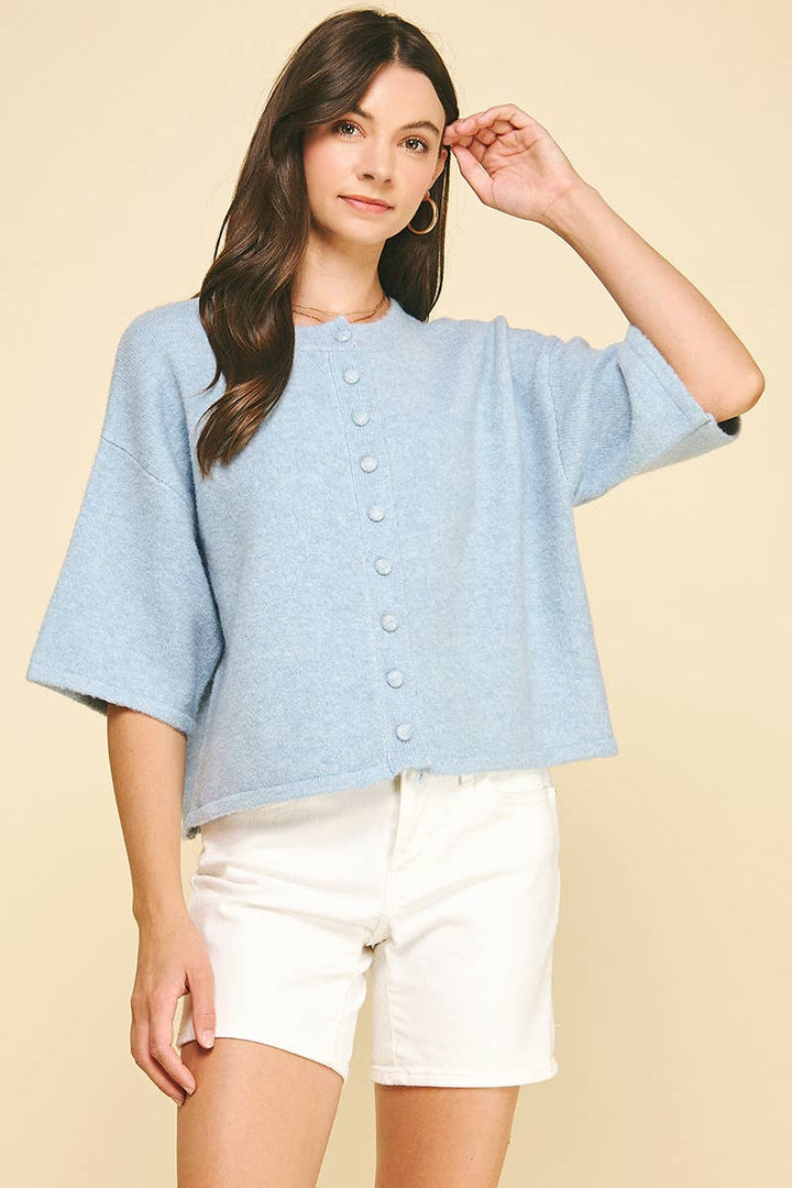 Pinch Button Down Short Sleeve Sweater