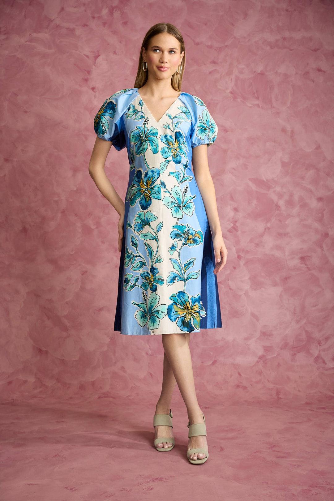 Maggy London Deep Blue/Aqua V-Neck Midi Dress