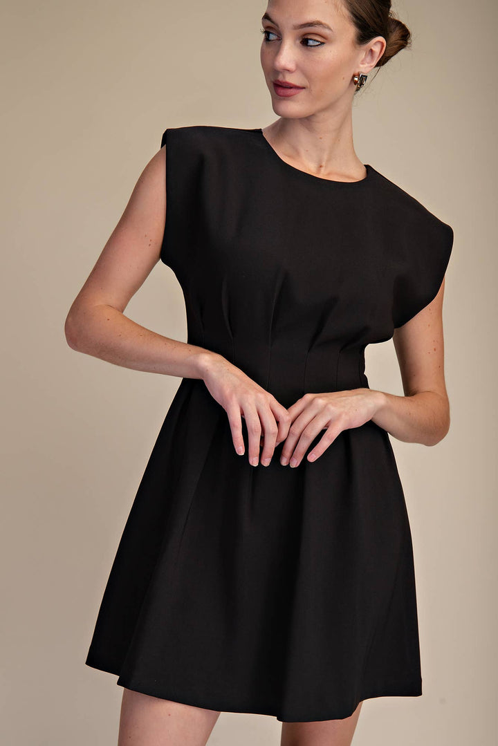 Glam Black Round Neck Pleated Midi Dress