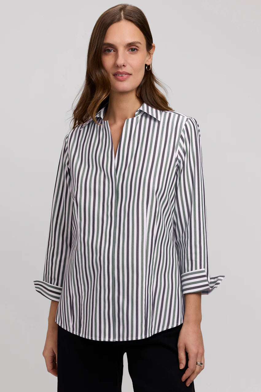 Foxcroft Olive Multi Taylor No Iron Pinpoint Stripe 3/4 Sleeve Shirt