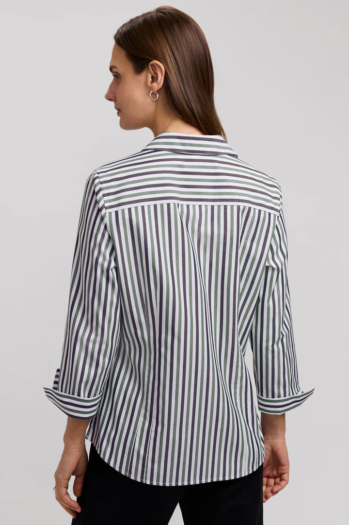 Foxcroft Olive Multi Taylor No Iron Pinpoint Stripe 3/4 Sleeve Shirt