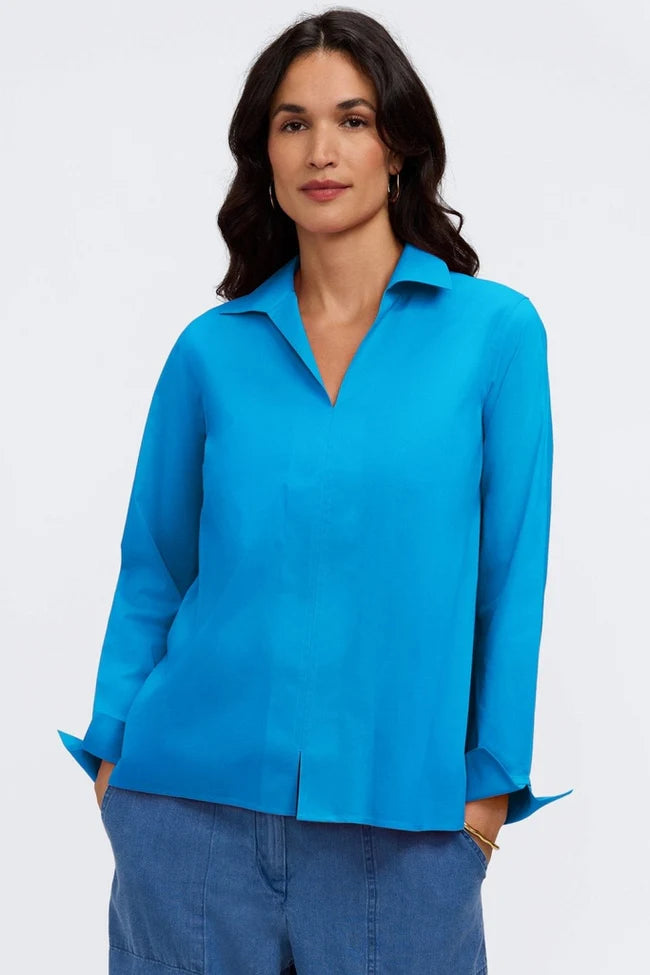 Foxcroft Malibu Blue Agnes No Iron Stretch Long Sleeve Popover Shirt