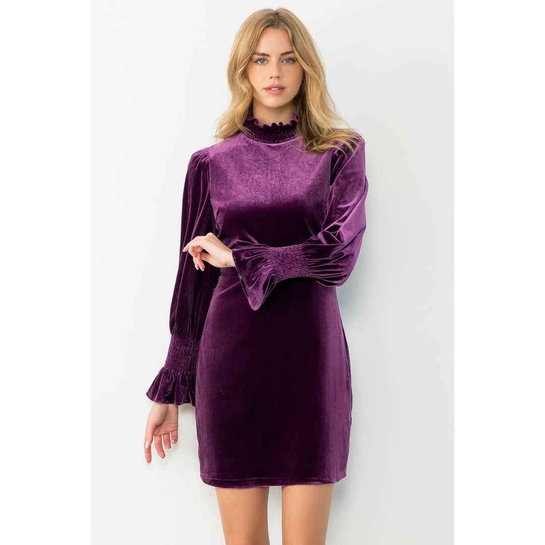 Purple Mock Neck Velvet Dress