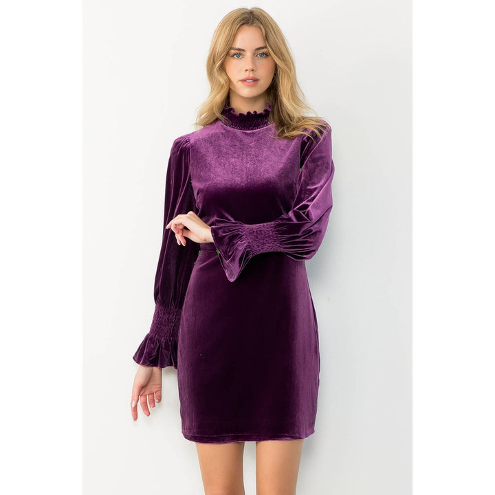 Purple Mock Neck Velvet Dress