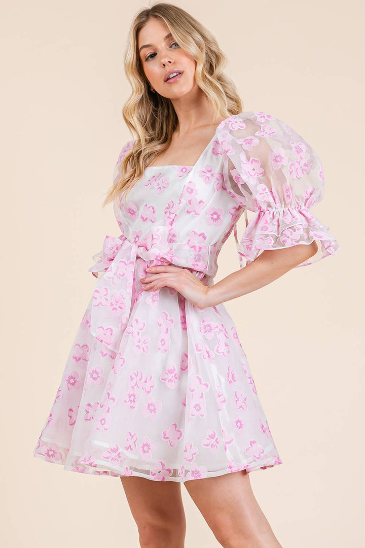 Pink Floral Organza Fit & Flare Mini Dress