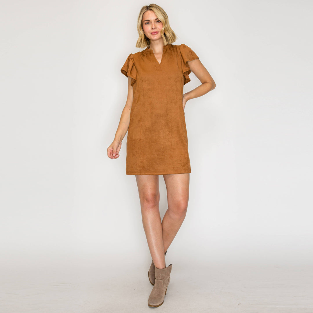Suede Flutter Sleeve Shift Mini Dress