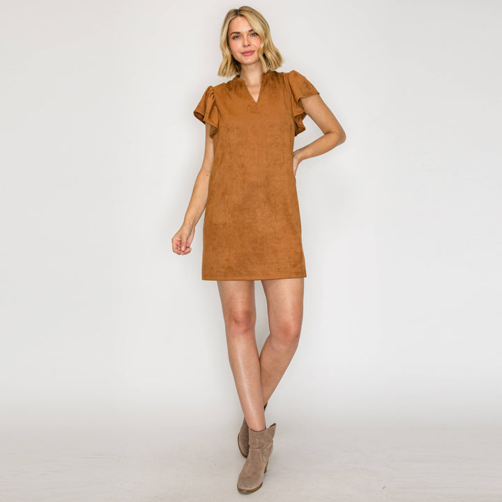 Suede Flutter Sleeve Shift Mini Dress