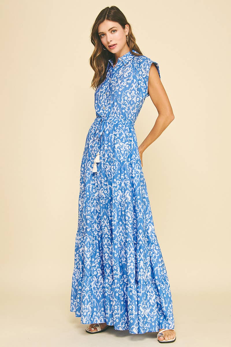 Pinch Damask Print Tiered Maxi Dress