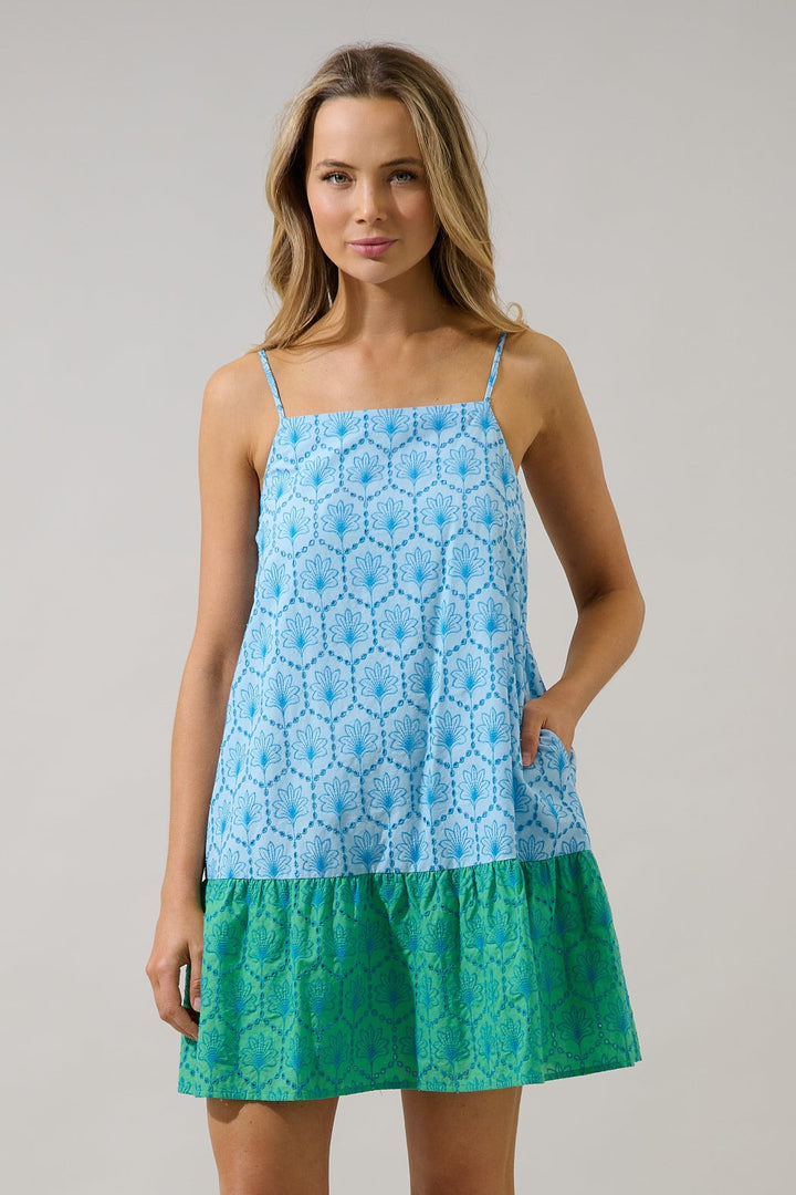 Jenny Blue/Green Shift Mini Dress Mirada Eyelet