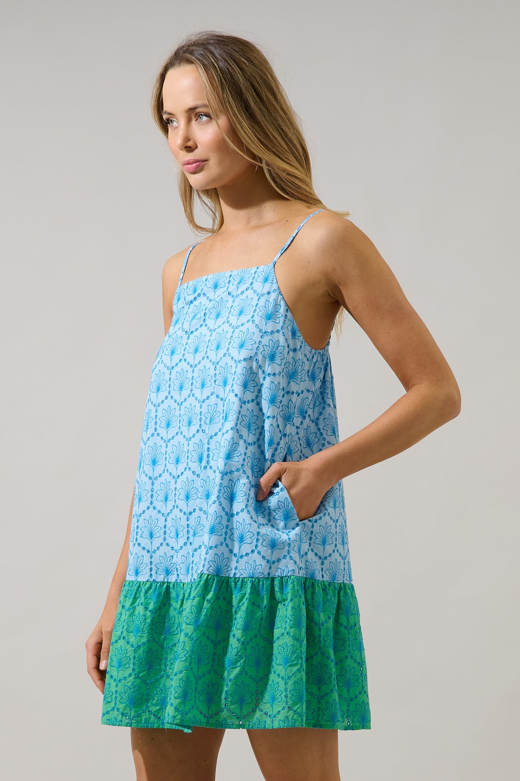 Jenny Blue/Green Shift Mini Dress Mirada Eyelet