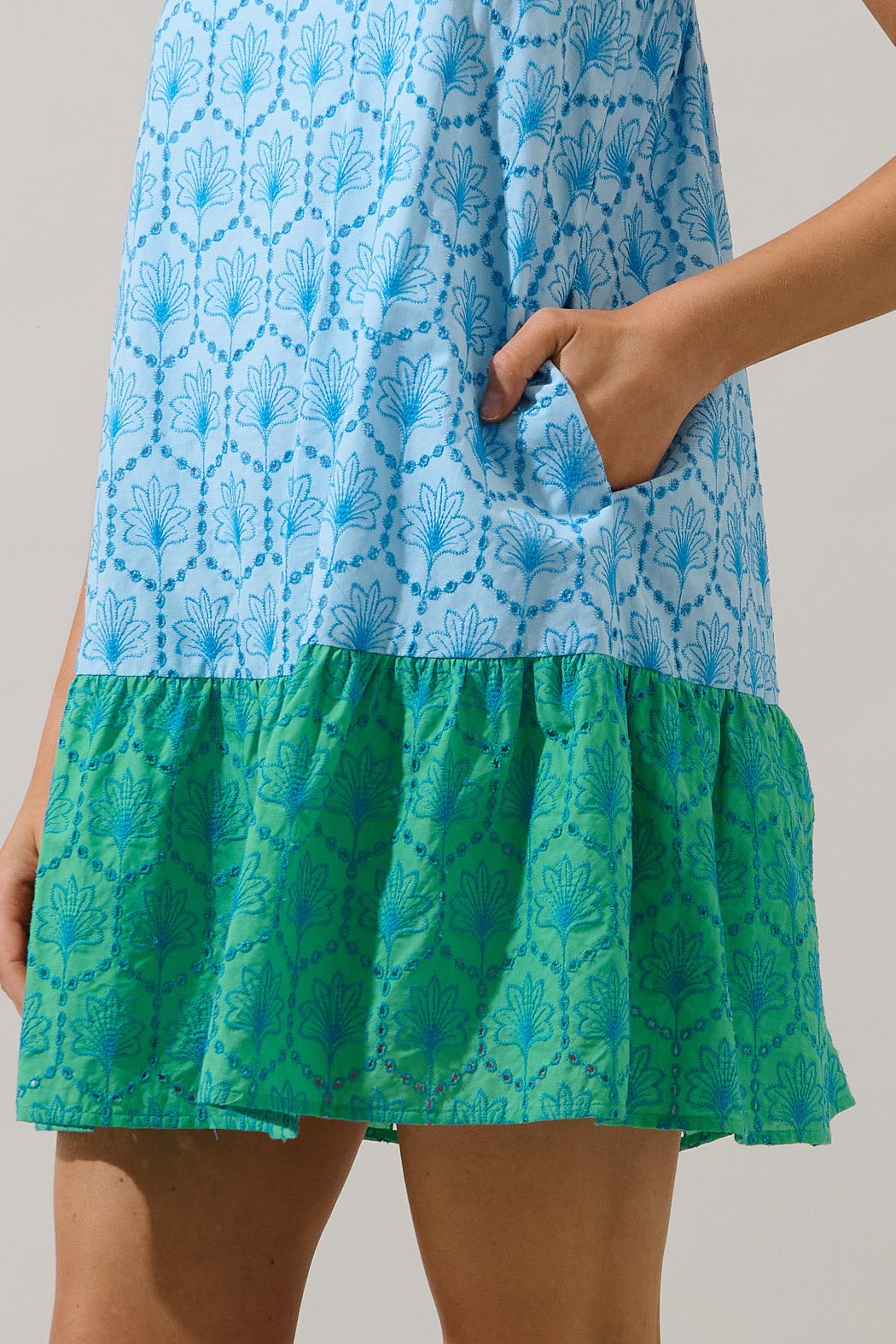 Jenny Blue/Green Shift Mini Dress Mirada Eyelet