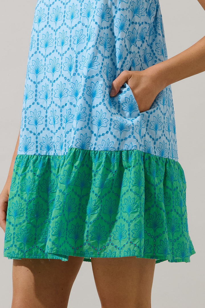 Jenny Blue/Green Shift Mini Dress Mirada Eyelet