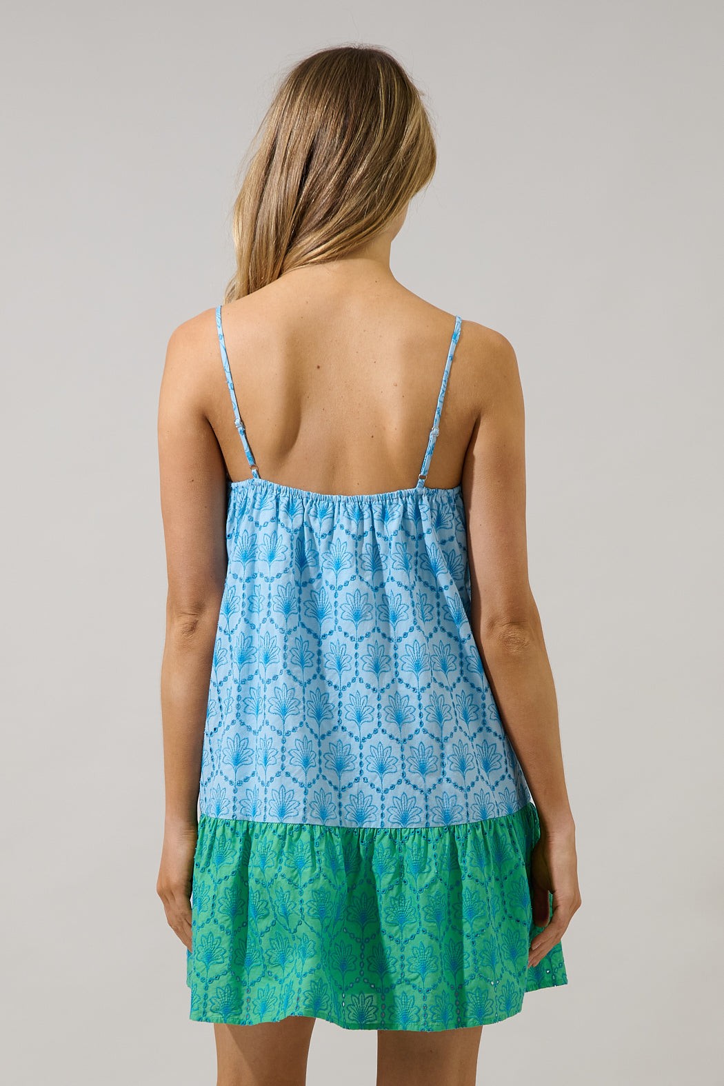 Jenny Blue/Green Shift Mini Dress Mirada Eyelet