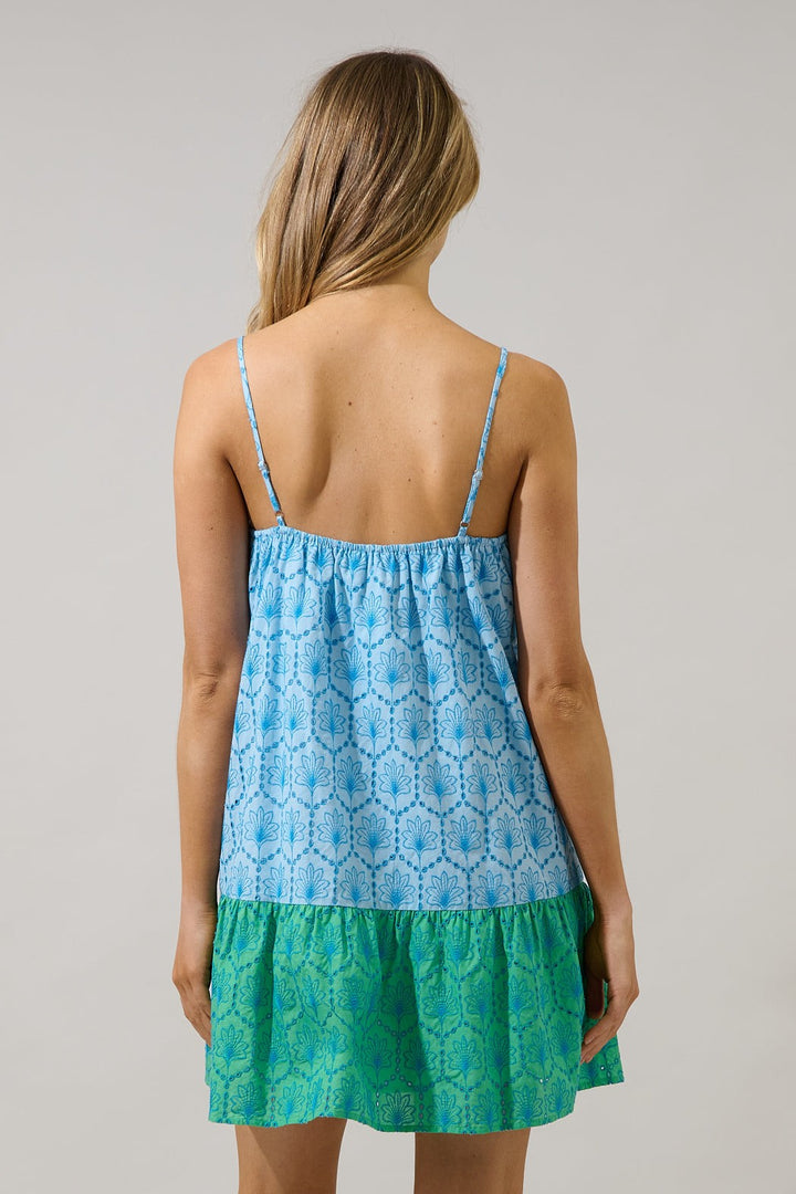 Jenny Blue/Green Shift Mini Dress Mirada Eyelet