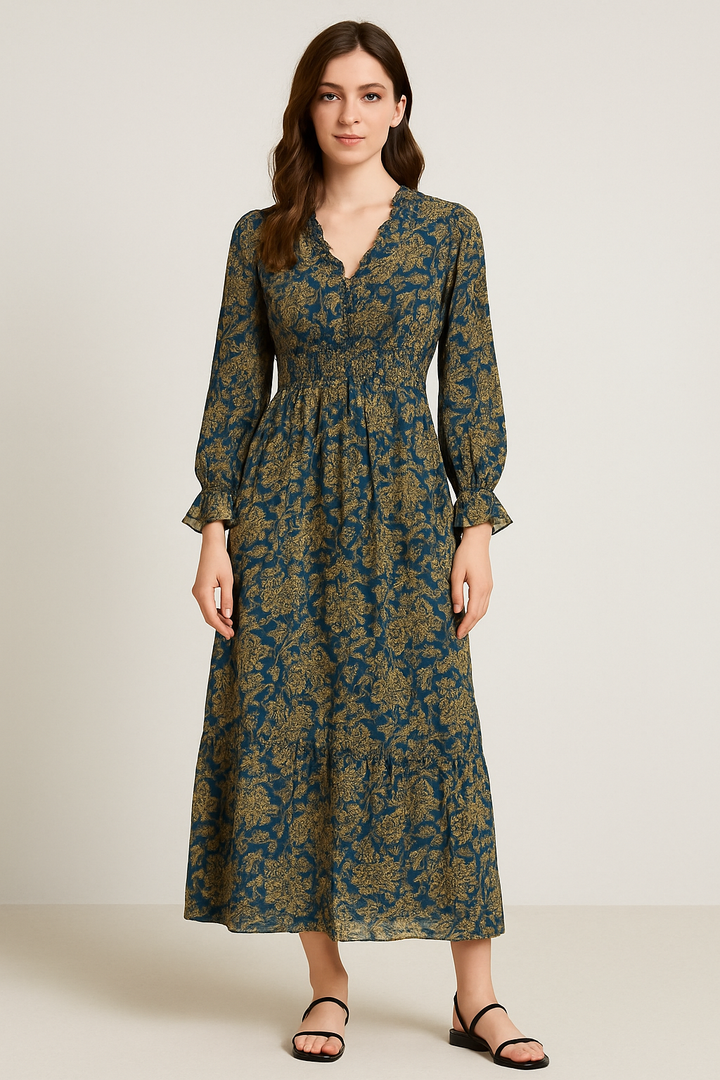 V-NECKLINE WITH RUFFLE DETAIL WAIST MAXI DRESS FD35770