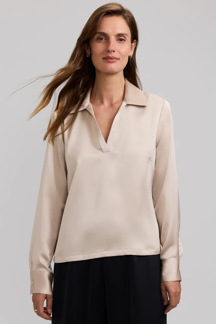 Foxcroft Champagne Talia Beyond Silk Long Sleeve Polo Top