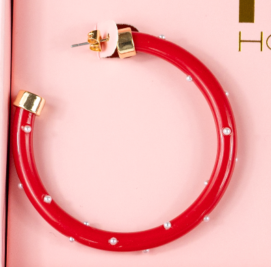 Hoo Hoops Lightweight Large Hoop Earrings - Red with Pearls