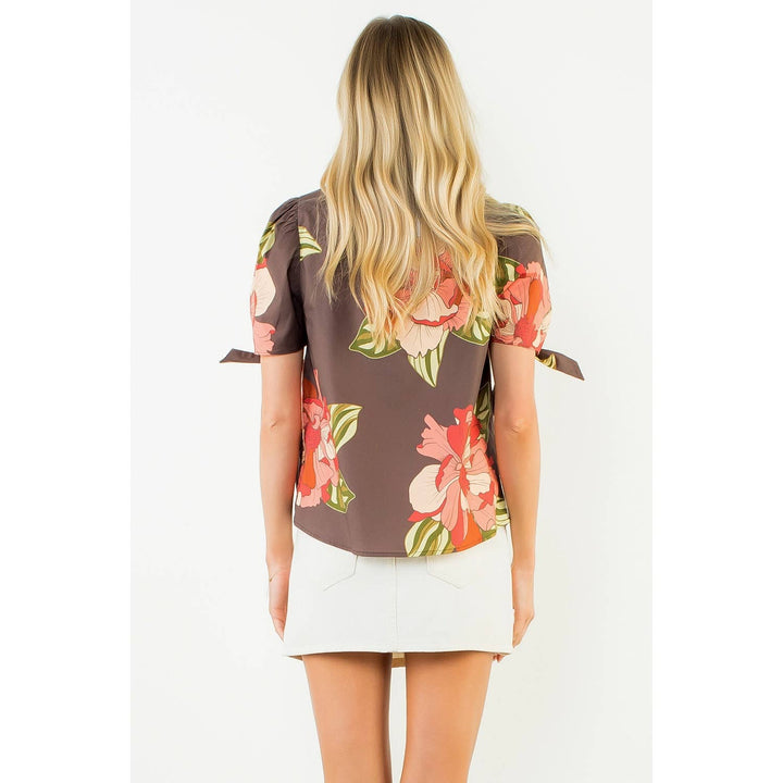 Ruffled Floral Top With Bow Tie Sleeve