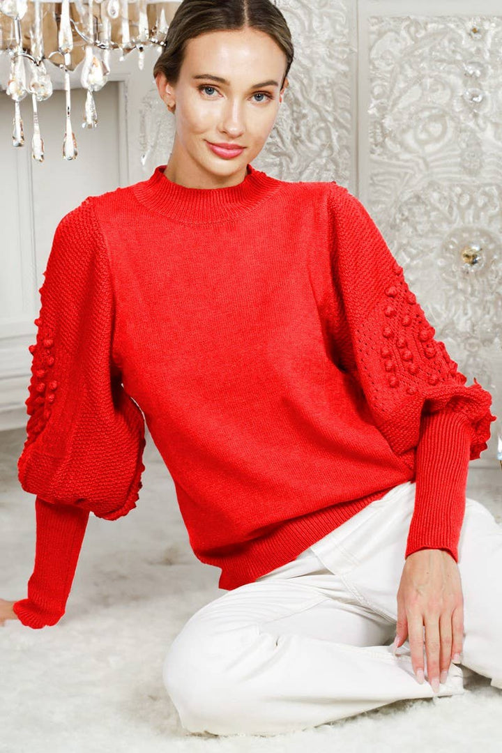 Round Neck Pom Pom Balloon Long-Sleeve Knit Sweater
