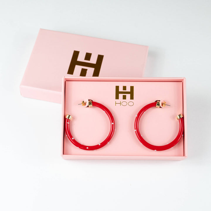 Hoo Hoops Lightweight Large Hoop Earrings - Red with Pearls