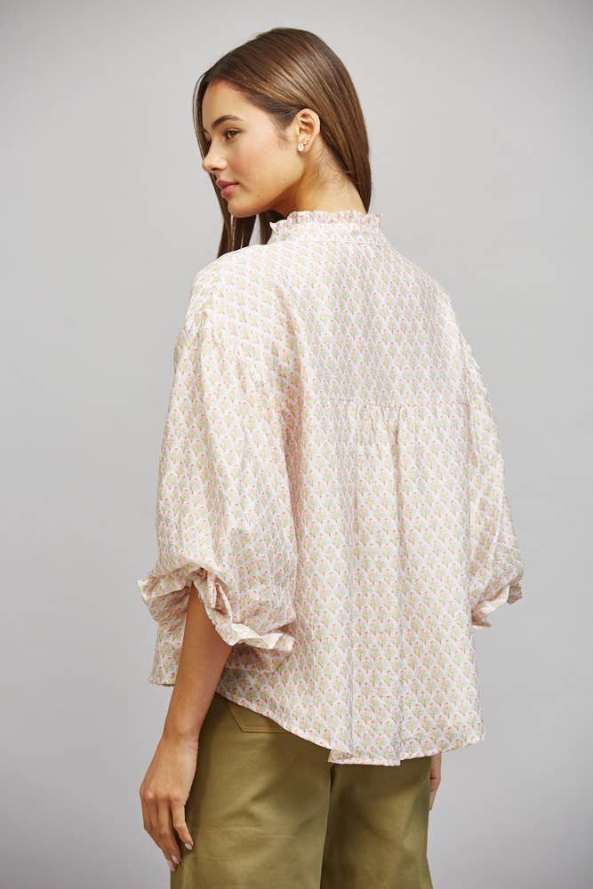 FLORAL BLOCK PRINT TENCEL BLEND RUFFLE BLOUSE FT21343