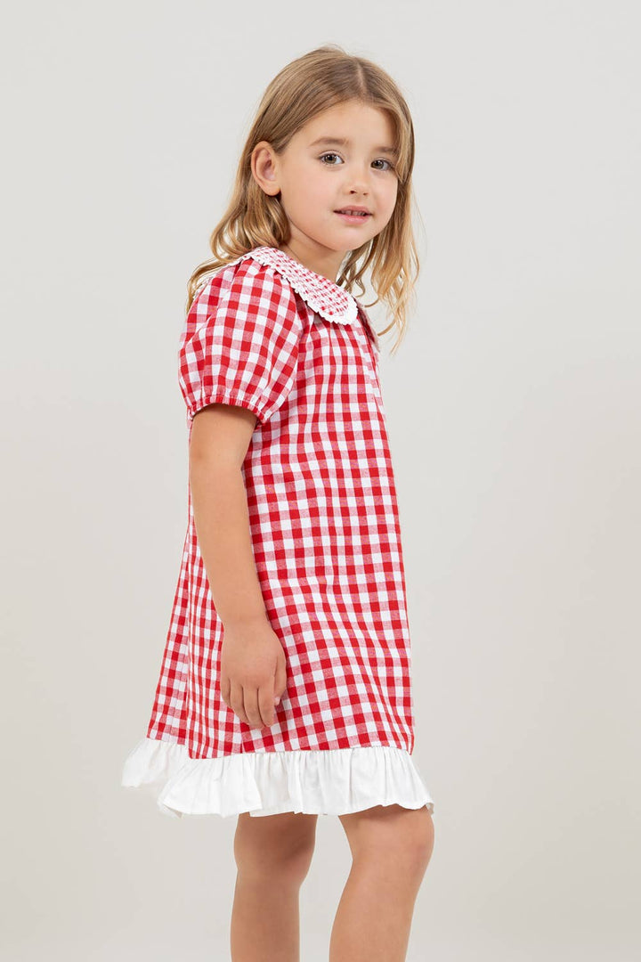 VOY Children’s Collared Plaid Print Puff Sleeve Dress