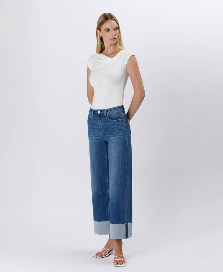 High Rise Cuffed Ankle Wide Leg Jean