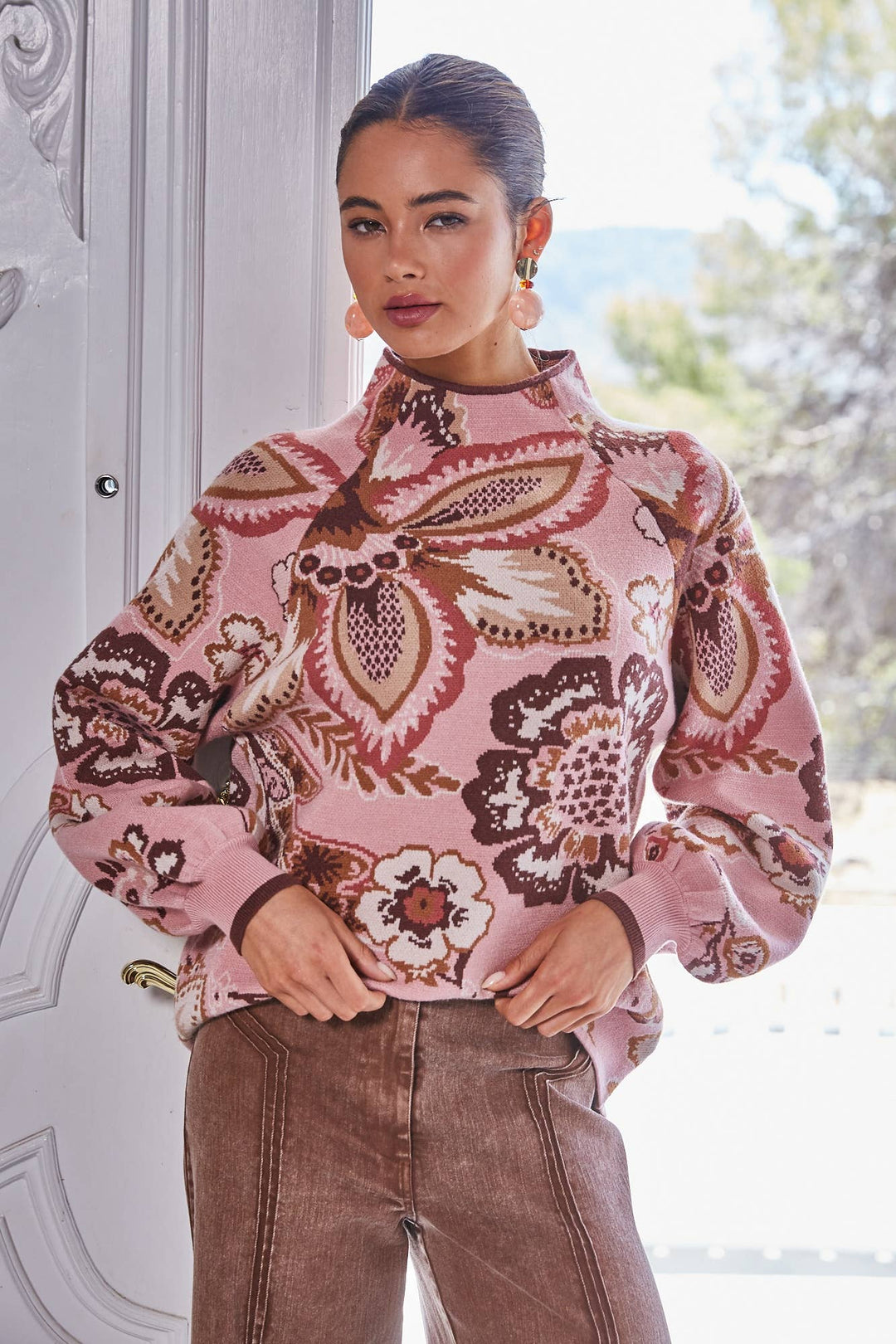 Fate Bold Floral & Paisley Pattern Funnel Neck Sweater