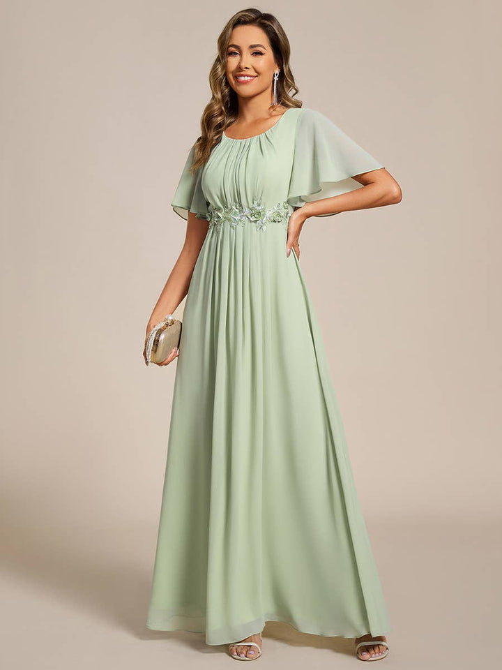 Mint Green Short Sleeves Pleated Applique Formal Evening Dress