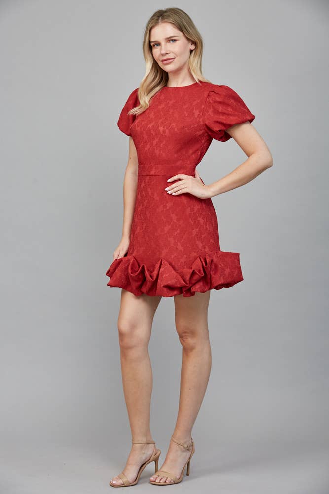 Fate Jacquard Fabric Short Puff Sleeve Ruffle Dress- Red