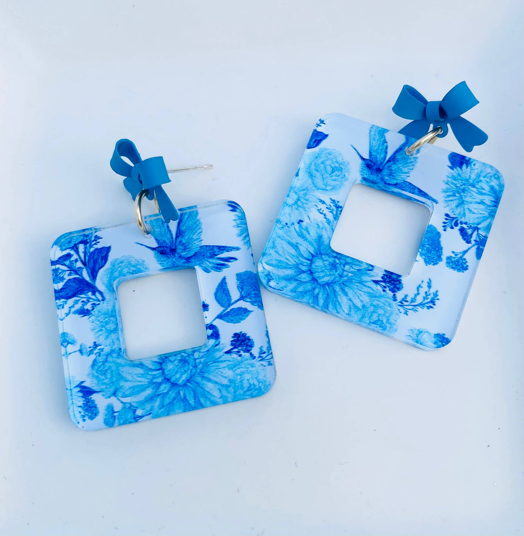 Blue Chinoiserie Floral Square Acrylic Earrings bow studs