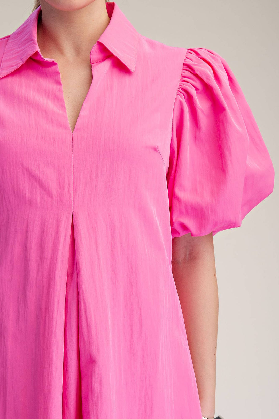Hot Pink Collar V-Neck Puff Sleeve Pleated Midi Dress