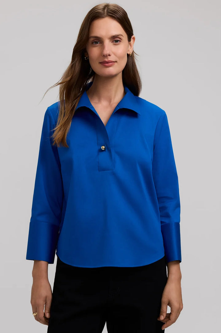 Foxcroft Savory Blue Catalina Stretch Matte Sateen 3/4 Sleeve Popover Shirt