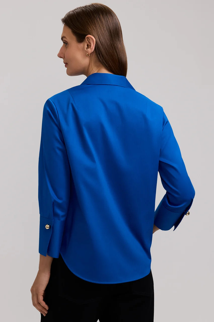 Foxcroft Savory Blue Catalina Stretch Matte Sateen 3/4 Sleeve Popover Shirt