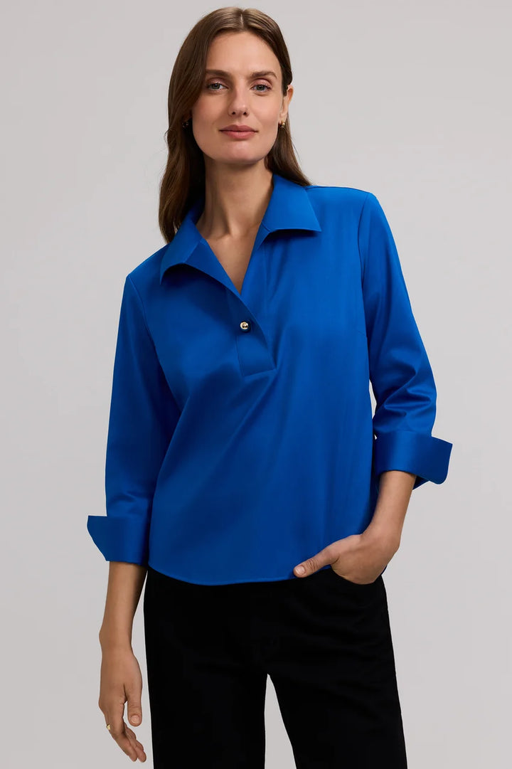 Foxcroft Savory Blue Catalina Stretch Matte Sateen 3/4 Sleeve Popover Shirt