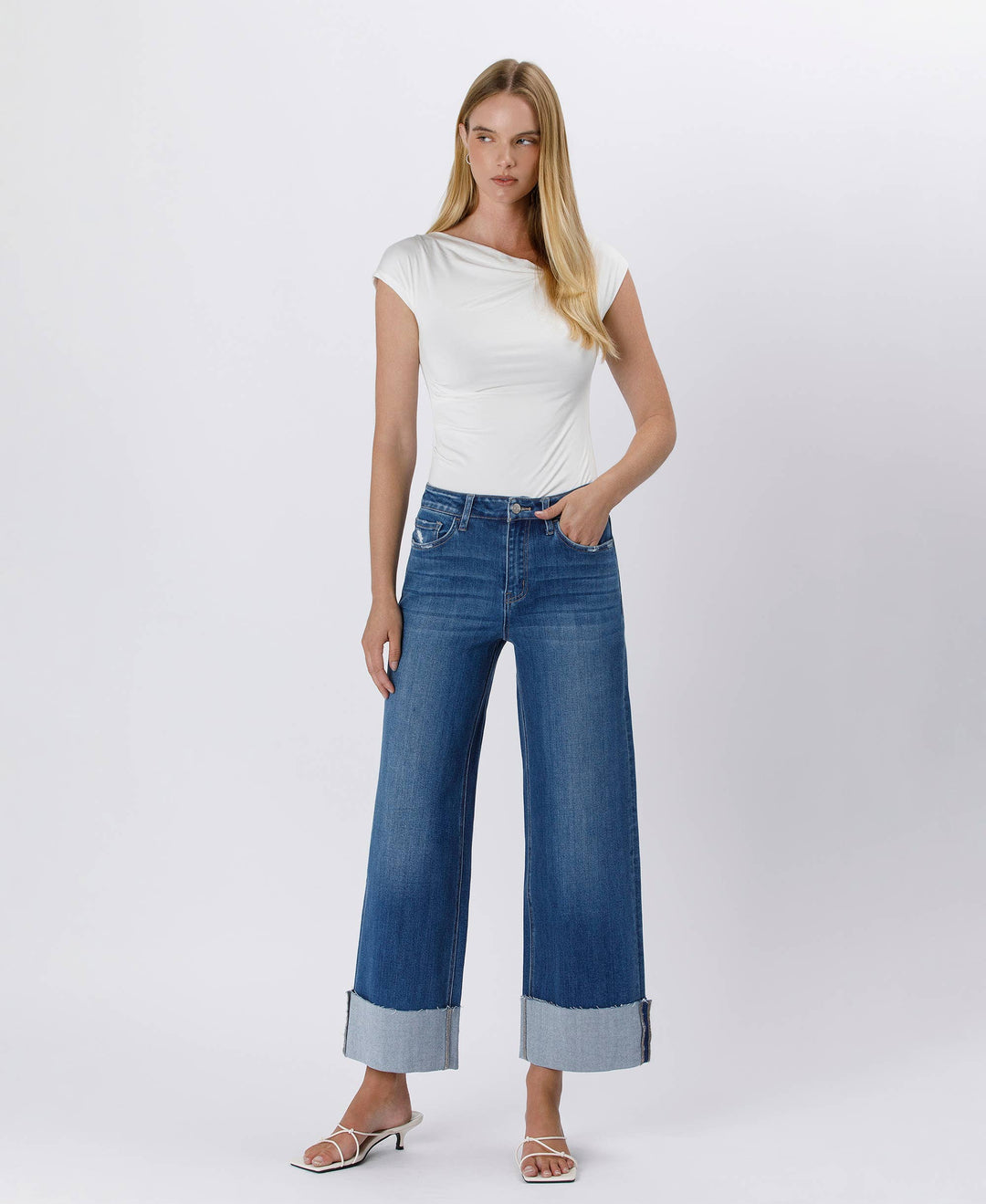 High Rise Cuffed Ankle Wide Leg Jean