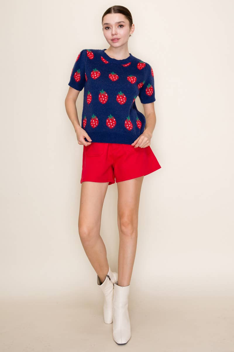 Navy Strawberry Knit Short Sleeve Top