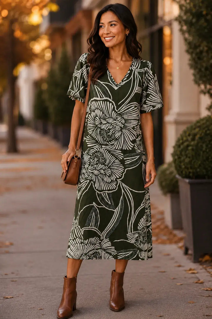 Puff Sleeve V-Neck Midi Dress