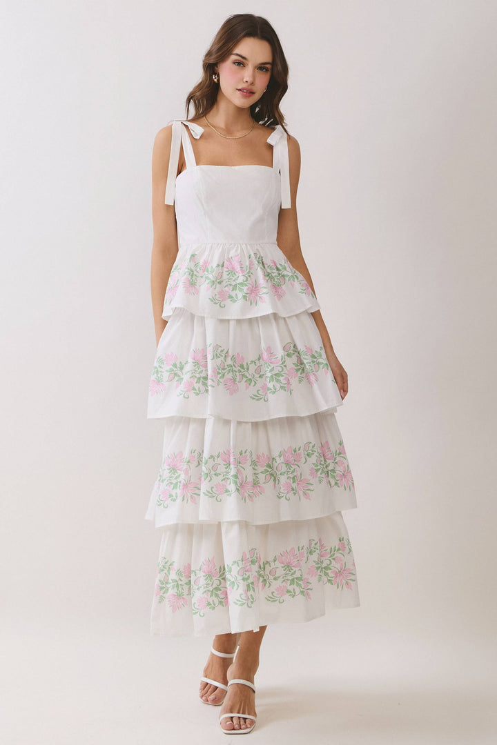TCEC Floral Tiered Ribbon Strap Maxi Dress