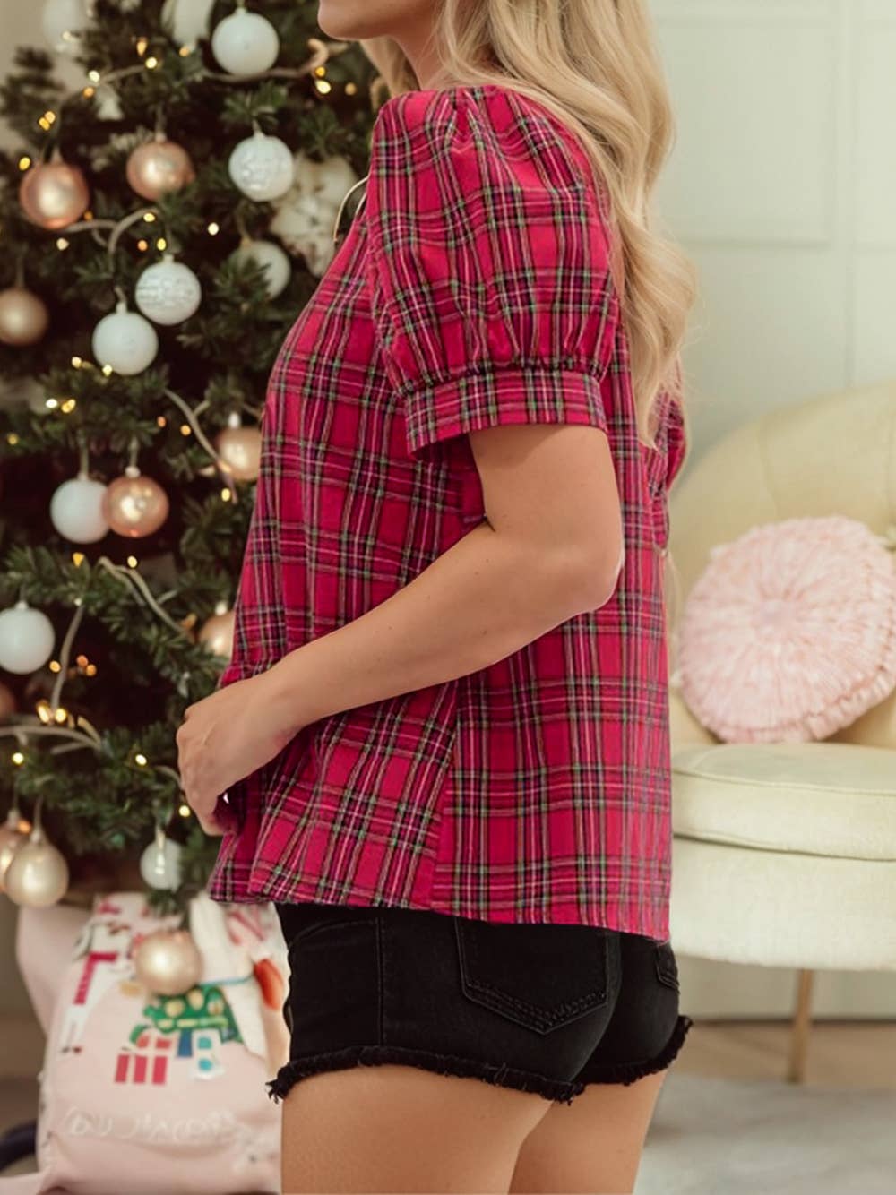 Plaid Print Contrast Trim V Neck Short Sleeve Blouse