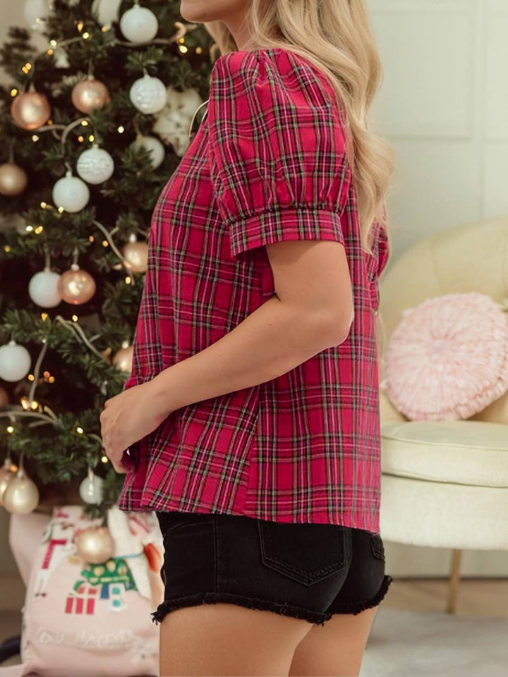 Plaid Print Contrast Trim V Neck Short Sleeve Blouse