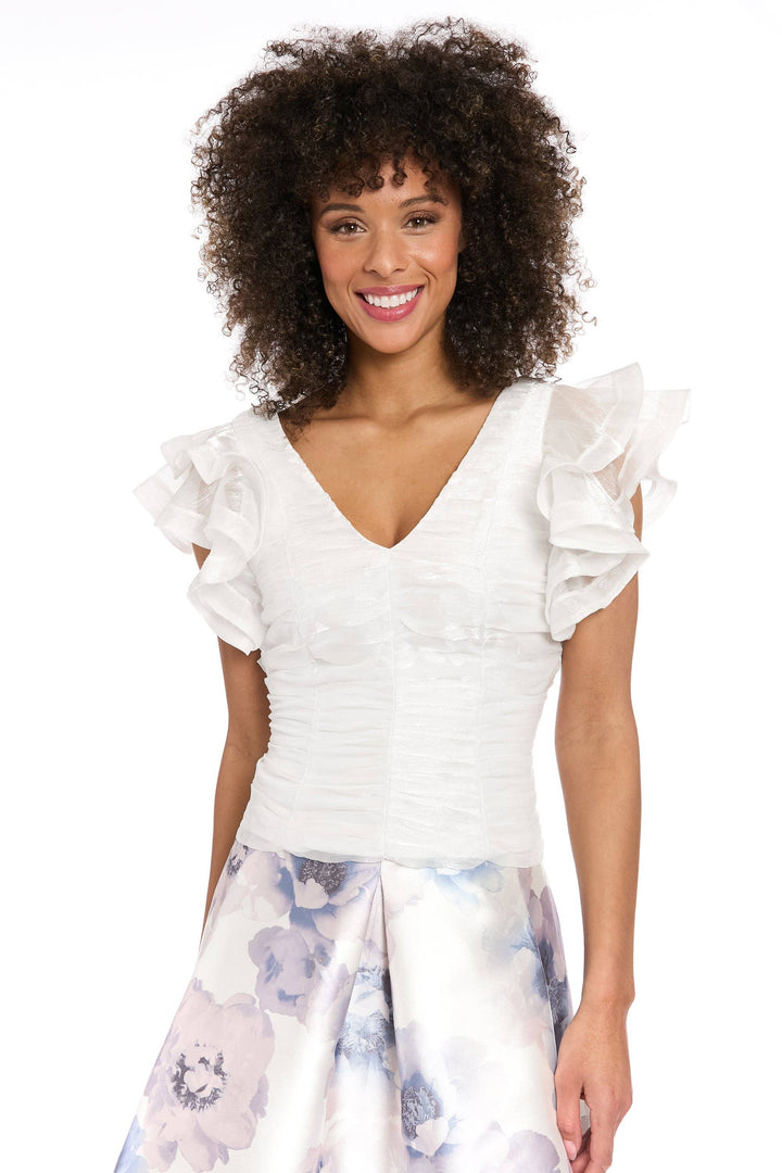 Muse V-Neck Tucked Bodice Flounce Sleeve Top