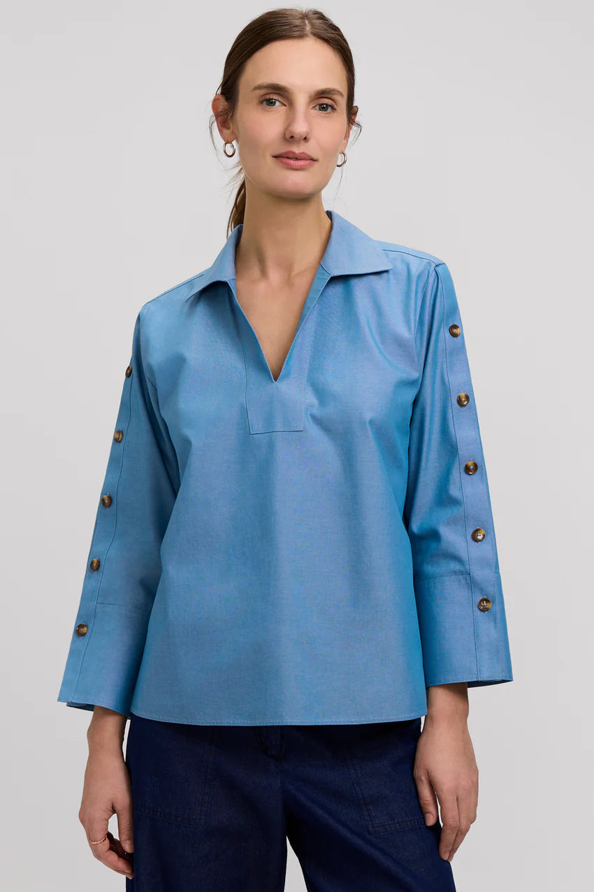 Foxcroft Lainey Soft Indigo No Iron Pinpoint 3/4 Button Sleeve Shirt