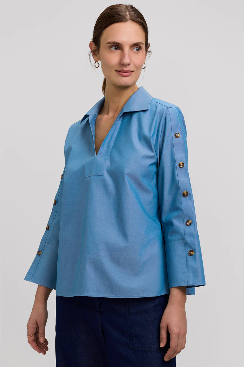 Foxcroft Lainey Soft Indigo No Iron Pinpoint 3/4 Button Sleeve Shirt