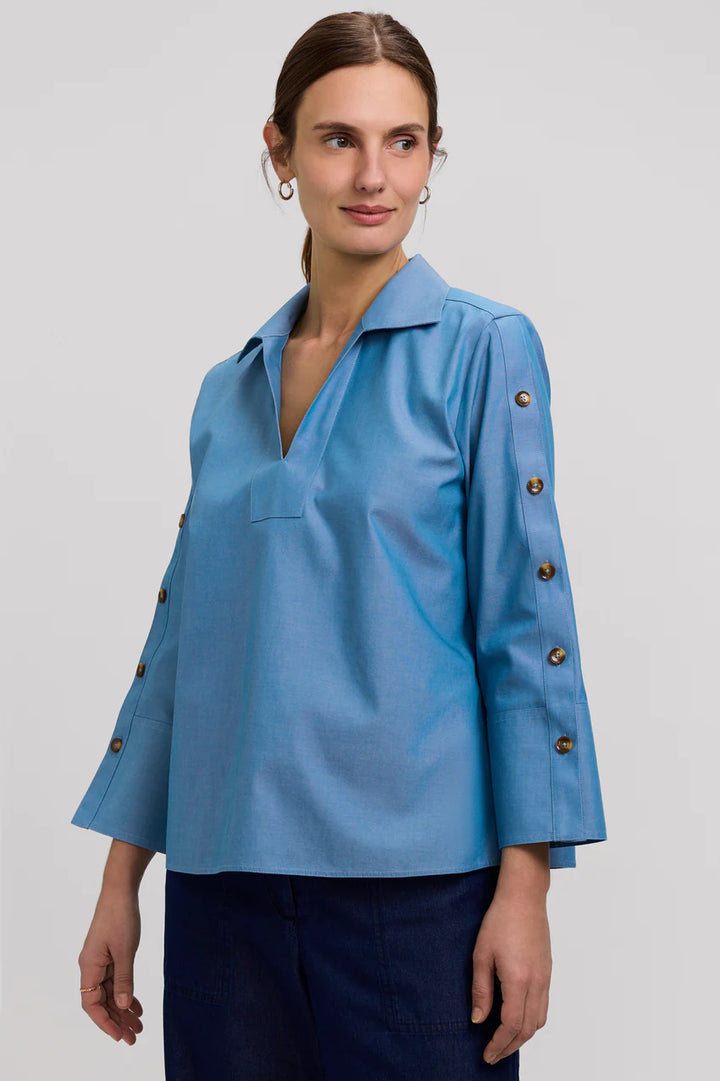 Foxcroft Lainey Soft Indigo No Iron Pinpoint 3/4 Button Sleeve Shirt