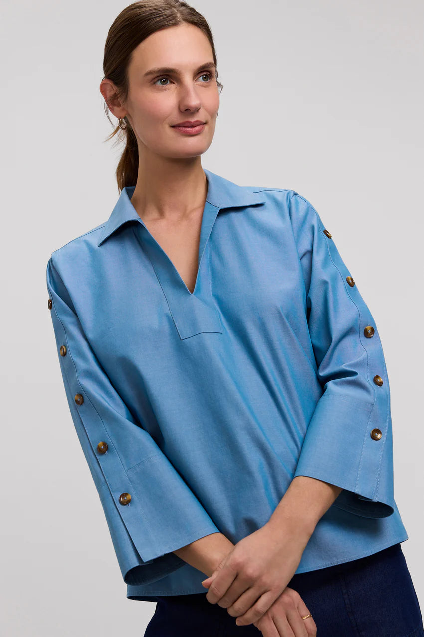 Foxcroft Lainey Soft Indigo No Iron Pinpoint 3/4 Button Sleeve Shirt