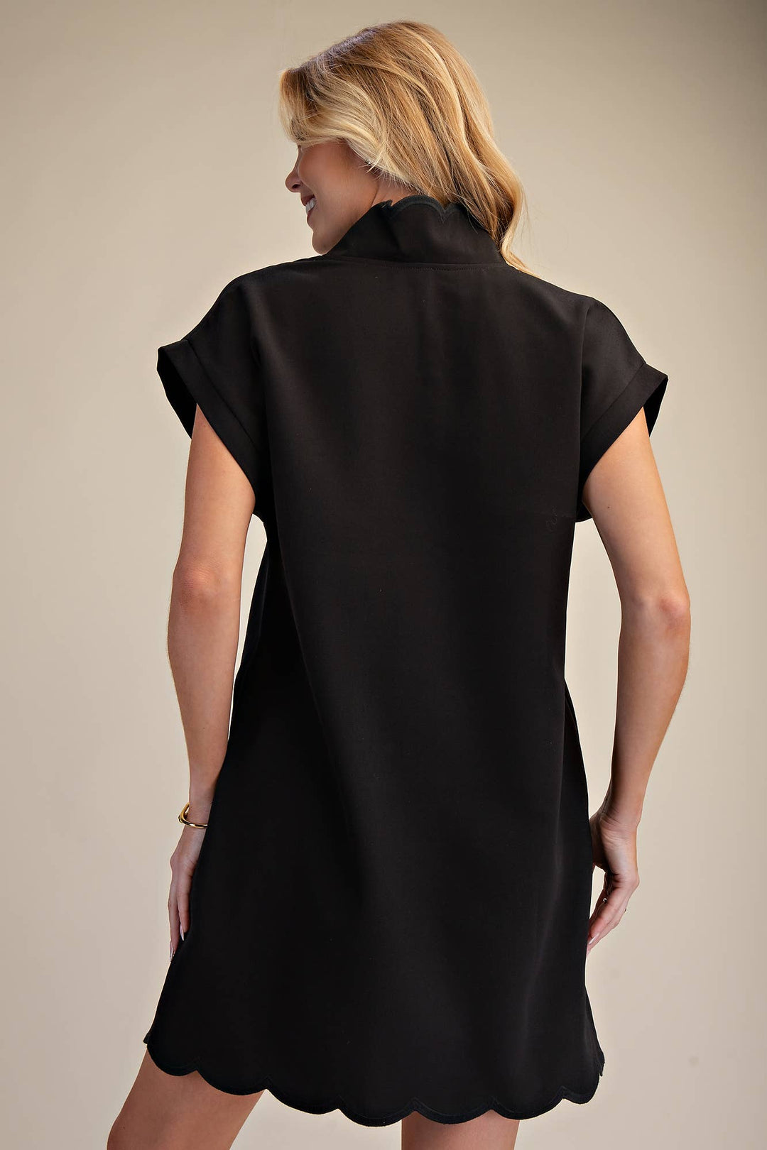 Black Scallop V-Neck Mini Dress